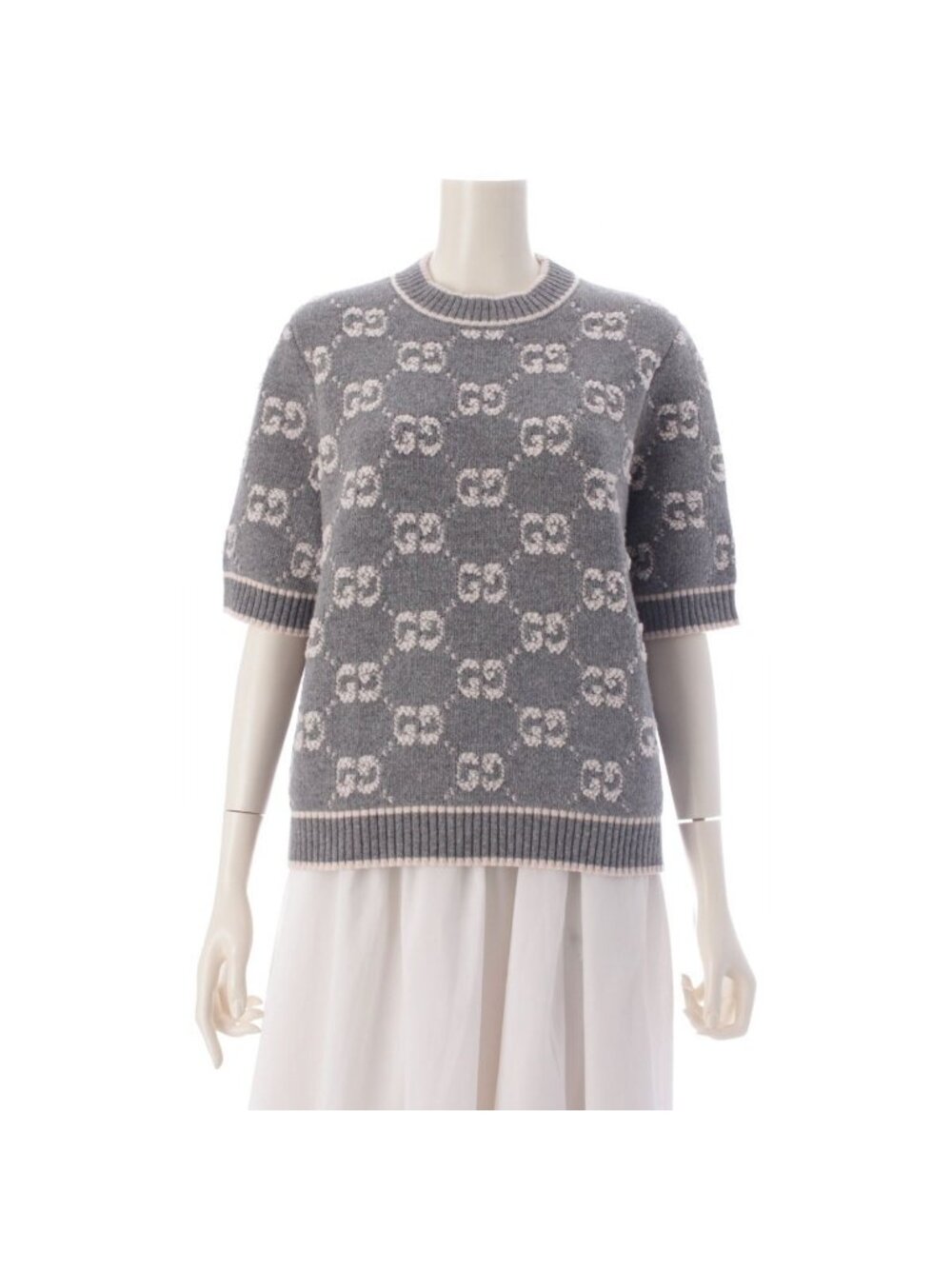 Gucci Wool GG Bouquet Jacquard Short Sleeve Sweater Knit Top Gray White